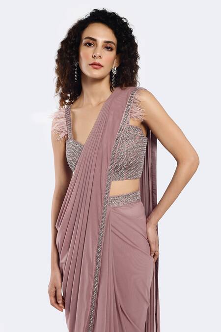 Onaya_Purple Lycra Embroidery Border Embellished Pre-stitched Saree With Blouse _Online_at_Aza_Fashions