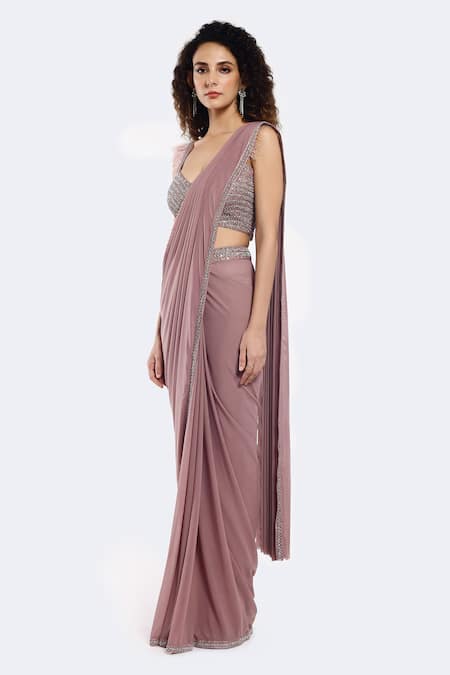 Buy_Onaya_Purple Lycra Embroidery Border Embellished Pre-stitched Saree With Blouse _Online_at_Aza_Fashions