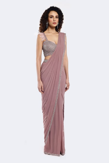 Shop_Onaya_Purple Lycra Embroidery Border Embellished Pre-stitched Saree With Blouse _Online_at_Aza_Fashions