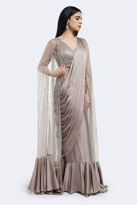 Onaya Pre-Stitched Saree Set With Stripe Embellished Cape 