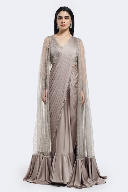 Onaya_Beige Satin Sequins, Beads Pre-stitched Saree Set With Stripe Embellished Cape_Online_at_Aza_Fashions