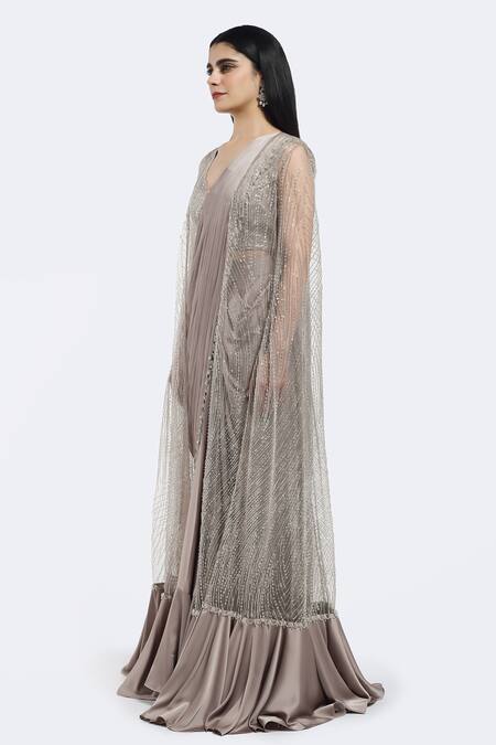 Buy_Onaya_Beige Satin Sequins, Beads Pre-stitched Saree Set With Stripe Embellished Cape_Online_at_Aza_Fashions