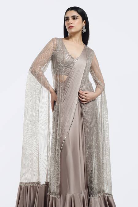 Shop_Onaya_Beige Satin Sequins, Beads Pre-stitched Saree Set With Stripe Embellished Cape_Online_at_Aza_Fashions