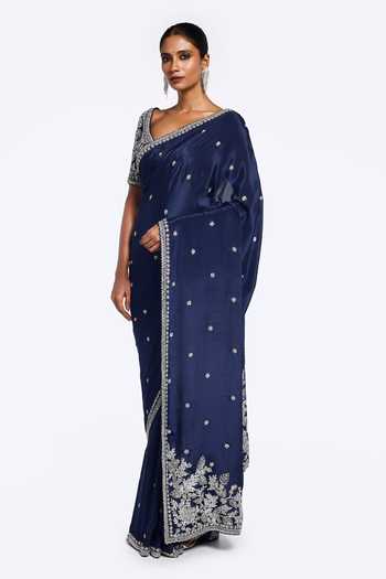 Onaya_Blue Crepe Sequins, Metallic Thread Floret Butti Embroidered Saree With Blouse _Online_at_Aza_Fashions