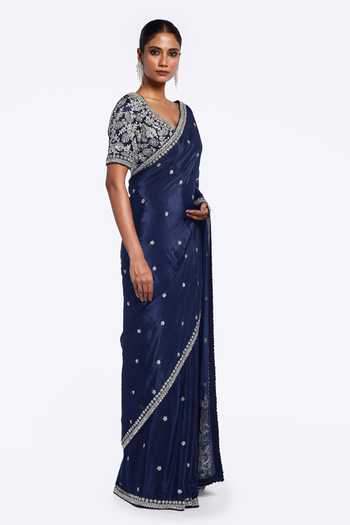 Buy_Onaya_Blue Crepe Sequins, Metallic Thread Floret Butti Embroidered Saree With Blouse _Online_at_Aza_Fashions