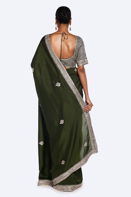 Shop_Onaya_Green Brocade Embroidery Zari Saree With Blouse _at_Aza_Fashions