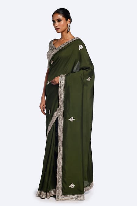Onaya_Green Brocade Embroidery Zari Saree With Blouse _Online_at_Aza_Fashions