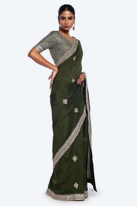 Buy_Onaya_Green Brocade Embroidery Zari Saree With Blouse _Online_at_Aza_Fashions