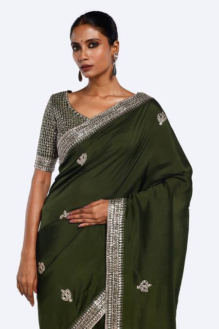 Shop_Onaya_Green Brocade Embroidery Zari Saree With Blouse _Online_at_Aza_Fashions