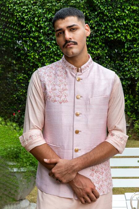 Philocaly_Pink Silk, Cotton Embroidery Bundi And Kurta Set_Online_at_Aza_Fashions