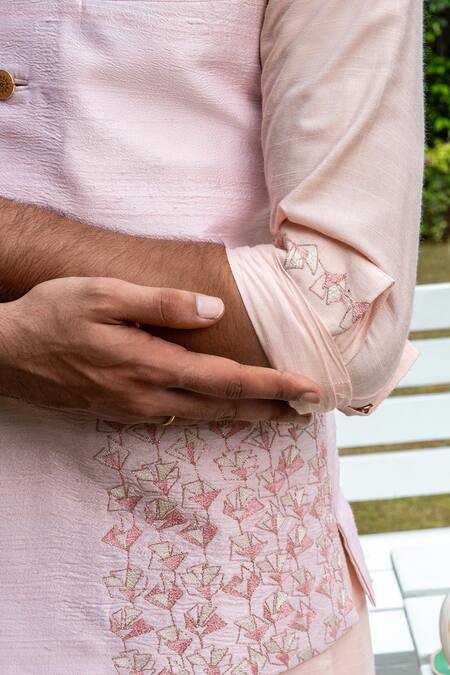 Buy_Philocaly_Pink Silk, Cotton Embroidery Bundi And Kurta Set_Online_at_Aza_Fashions