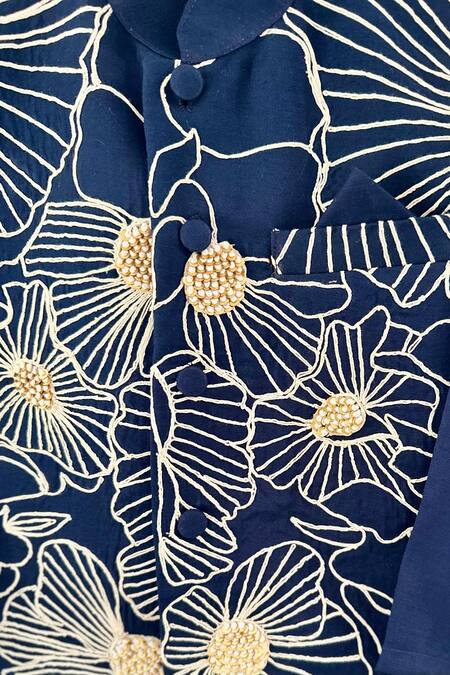 Rage Attire-Sweta Saria_Blue Bamboo Embroidery Bullion Knot Jacket Pant Set _Online_at_Aza_Fashions