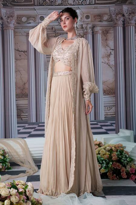 Nidhika Shekhar Beige Silk, Organza, Georgette Sequins, Venus Embroidered Cape And Lehenga Set Online at Aza Fashions Nidhika Shekhar_Beige Silk, Organza, Georgette Sequins, Venus Embroidered Cape And Lehenga Set _Online_at_Aza_Fashions