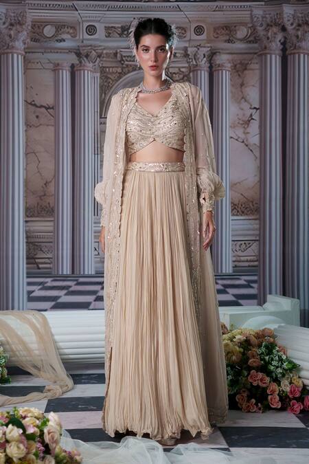 Shop Nidhika Shekhar Beige Silk, Organza, Georgette Sequins, Venus Embroidered Cape And Lehenga Set Online at Aza Fashions Shop_Nidhika Shekhar_Beige Silk, Organza, Georgette Sequins, Venus Embroidered Cape And Lehenga Set _Online_at_Aza_Fashions