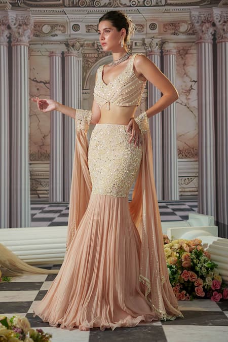 Nidhika Shekhar Pink Organza, Georgette, Linen Beads, Floret Embroidered Fish Cut Lehenga Set Online at Aza Fashions Nidhika Shekhar_Pink Organza, Georgette, Linen Beads, Floret Embroidered Fish Cut Lehenga Set _Online_at_Aza_Fashions