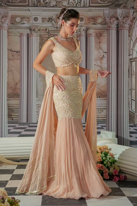 Buy Nidhika Shekhar Pink Organza, Georgette, Linen Beads, Floret Embroidered Fish Cut Lehenga Set Online at Aza Fashions Buy_Nidhika Shekhar_Pink Organza, Georgette, Linen Beads, Floret Embroidered Fish Cut Lehenga Set _Online_at_Aza_Fashions