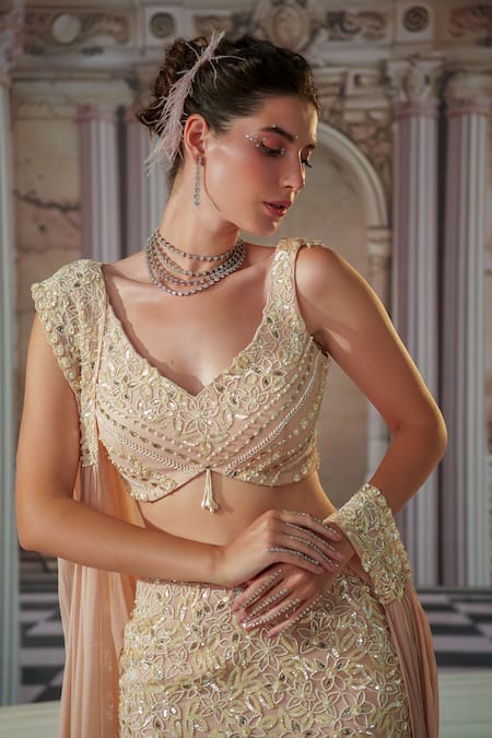 Shop Nidhika Shekhar Pink Organza, Georgette, Linen Beads, Floret Embroidered Fish Cut Lehenga Set Online at Aza Fashions Shop_Nidhika Shekhar_Pink Organza, Georgette, Linen Beads, Floret Embroidered Fish Cut Lehenga Set _Online_at_Aza_Fashions