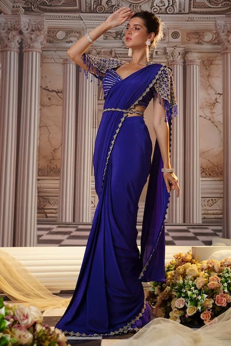 Nidhika Shekhar Purple Net, Crepe, Pre-draped Saree With Floret Embroidered Structured Blouse Online at Aza Fashions Nidhika Shekhar_Purple Net, Crepe, Pre-draped Saree With Floret Embroidered Structured Blouse _Online_at_Aza_Fashions