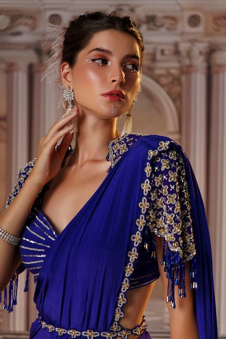 Nidhika Shekhar Purple Net, Crepe, Pre-draped Saree With Floret Embroidered Structured Blouse at Aza Fashions Nidhika Shekhar_Purple Net, Crepe, Pre-draped Saree With Floret Embroidered Structured Blouse _at_Aza_Fashions