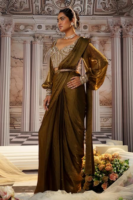 Nidhika Shekhar Brown Organza Sequins, Belle Pre-draped Saree With Embroidered Corset Blouse Online at Aza Fashions Nidhika Shekhar_Brown Organza Sequins, Belle Pre-draped Saree With Embroidered Corset Blouse _Online_at_Aza_Fashions