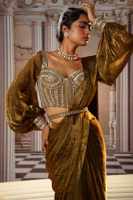 Shop Nidhika Shekhar Brown Organza Sequins, Belle Pre-draped Saree With Embroidered Corset Blouse Online at Aza Fashions Shop_Nidhika Shekhar_Brown Organza Sequins, Belle Pre-draped Saree With Embroidered Corset Blouse _Online_at_Aza_Fashions