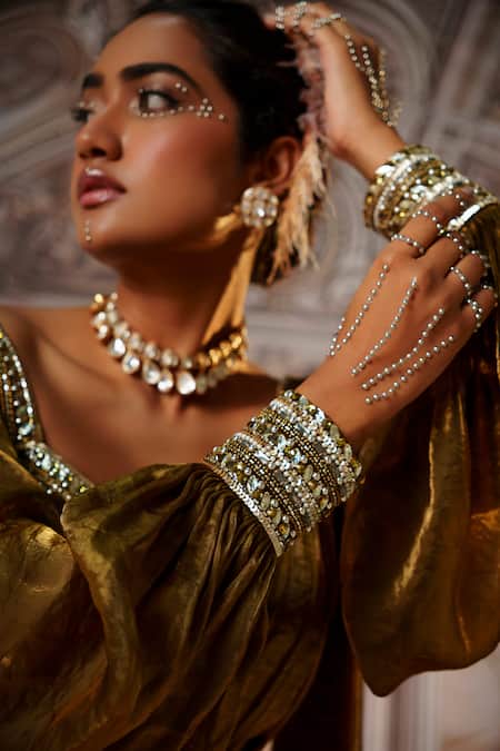 Buy Nidhika Shekhar Brown Organza Sequins, Belle Pre-draped Saree With Embroidered Corset Blouse Buy_Nidhika Shekhar_Brown Organza Sequins, Belle Pre-draped Saree With Embroidered Corset Blouse