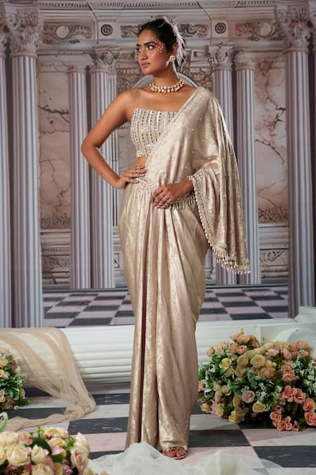 Nidhika Shekhar Gold Organza Georgette Velvet Embroidery Celestial Pre-draped Saree With Blouse 