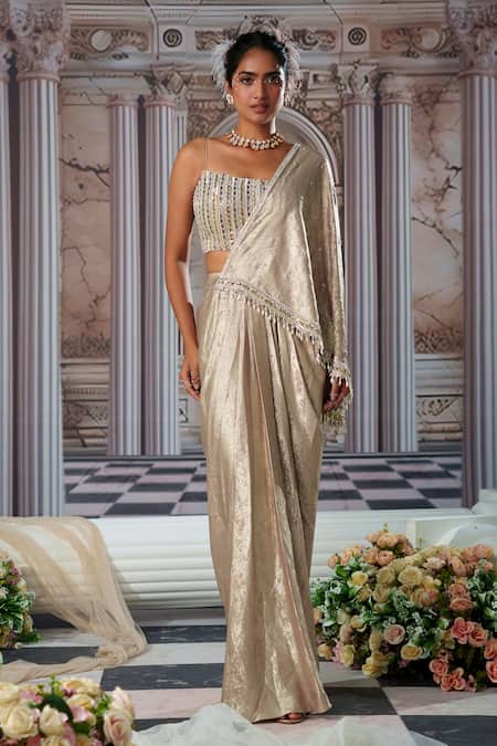 Nidhika Shekhar Gold Organza, Georgette Celestial Pre-draped Saree With Embroidered Blouse Online at Aza Fashions Nidhika Shekhar_Gold Organza, Georgette Celestial Pre-draped Saree With Embroidered Blouse _Online_at_Aza_Fashions