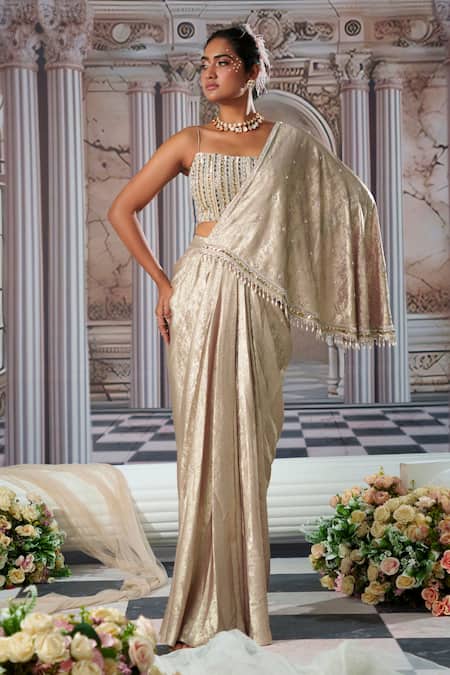 Buy Nidhika Shekhar Gold Organza, Georgette Celestial Pre-draped Saree With Embroidered Blouse Online at Aza Fashions Buy_Nidhika Shekhar_Gold Organza, Georgette Celestial Pre-draped Saree With Embroidered Blouse _Online_at_Aza_Fashions