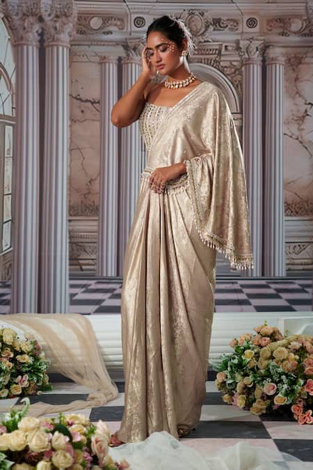 Shop Nidhika Shekhar Gold Organza, Georgette Celestial Pre-draped Saree With Embroidered Blouse Online at Aza Fashions Shop_Nidhika Shekhar_Gold Organza, Georgette Celestial Pre-draped Saree With Embroidered Blouse _Online_at_Aza_Fashions