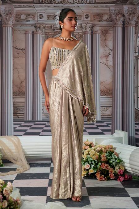 Nidhika Shekhar Gold Organza, Georgette Celestial Pre-draped Saree With Embroidered Blouse at Aza Fashions Nidhika Shekhar_Gold Organza, Georgette Celestial Pre-draped Saree With Embroidered Blouse _at_Aza_Fashions