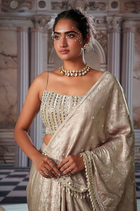 Buy Nidhika Shekhar Gold Organza, Georgette Celestial Pre-draped Saree With Embroidered Blouse Buy_Nidhika Shekhar_Gold Organza, Georgette Celestial Pre-draped Saree With Embroidered Blouse