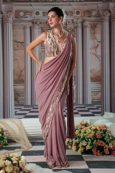 Nidhika Shekhar Goddess Sequin Embroidered Pre-Draped Saree With Blouse 