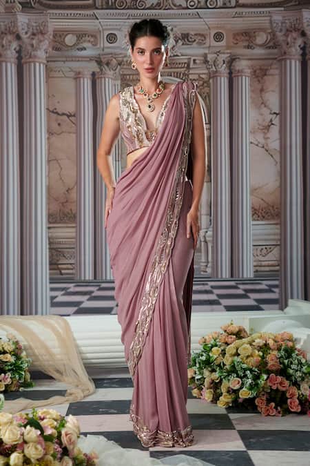 Nidhika Shekhar_Purple Georgette, Linen Goddess Embroidered Pre-draped Saree With Blouse _Online_at_Aza_Fashions