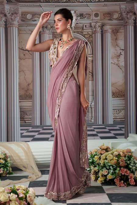 Buy_Nidhika Shekhar_Purple Georgette, Linen Goddess Embroidered Pre-draped Saree With Blouse _Online_at_Aza_Fashions