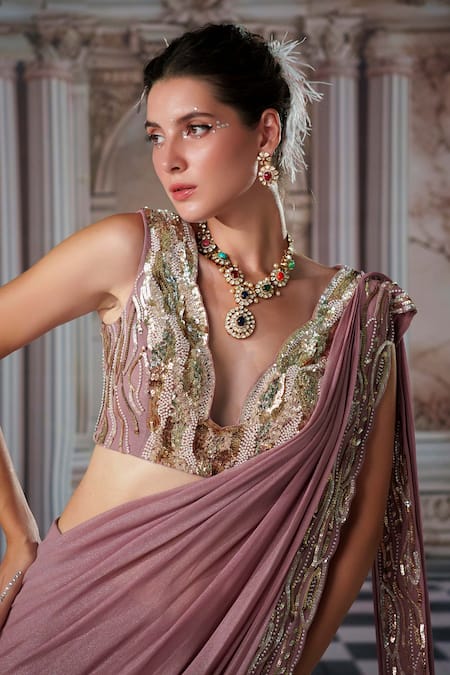 Buy_Nidhika Shekhar_Purple Georgette, Linen Goddess Embroidered Pre-draped Saree With Blouse 