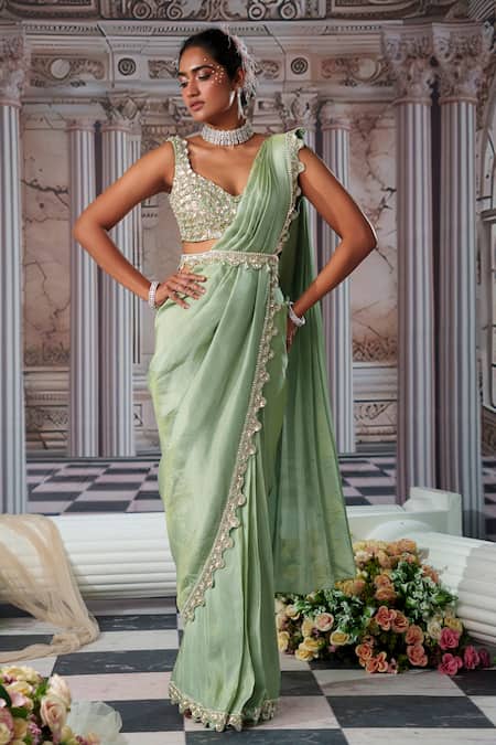 Nidhika Shekhar_Green Linen, Divine Placement Embroidered Pre-draped Saree And Blouse Set _Online_at_Aza_Fashions