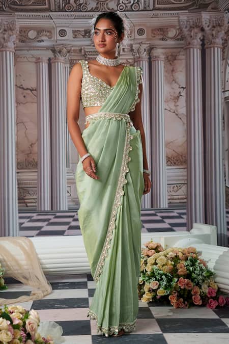 Buy_Nidhika Shekhar_Green Linen, Divine Placement Embroidered Pre-draped Saree And Blouse Set _Online_at_Aza_Fashions