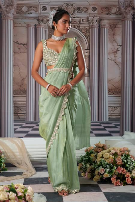 Shop_Nidhika Shekhar_Green Linen, Divine Placement Embroidered Pre-draped Saree And Blouse Set _Online_at_Aza_Fashions