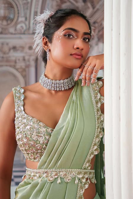 Nidhika Shekhar_Green Linen, Divine Placement Embroidered Pre-draped Saree And Blouse Set _at_Aza_Fashions