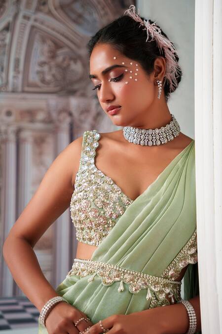 Buy_Nidhika Shekhar_Green Linen, Divine Placement Embroidered Pre-draped Saree And Blouse Set 