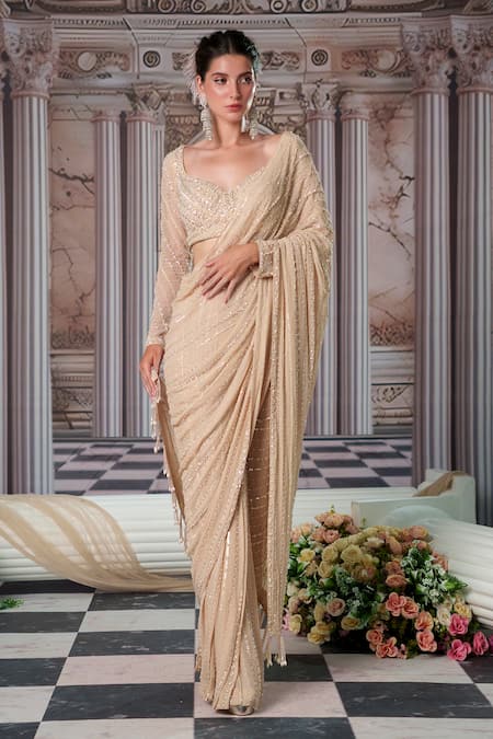 Buy_Nidhika Shekhar_Gold Georgette, Silk Sequins, Celestial Embroidered Pre-draped Saree With Blouse _Online_at_Aza_Fashions