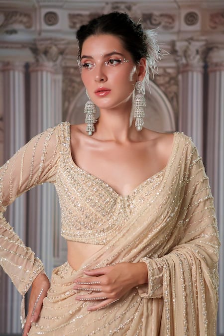 Shop_Nidhika Shekhar_Gold Georgette, Silk Sequins, Celestial Embroidered Pre-draped Saree With Blouse _Online_at_Aza_Fashions