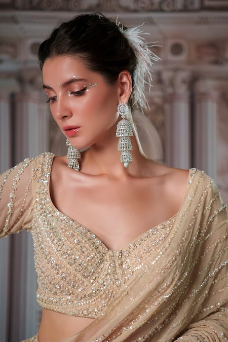 Buy_Nidhika Shekhar_Gold Georgette, Silk Sequins, Celestial Embroidered Pre-draped Saree With Blouse 