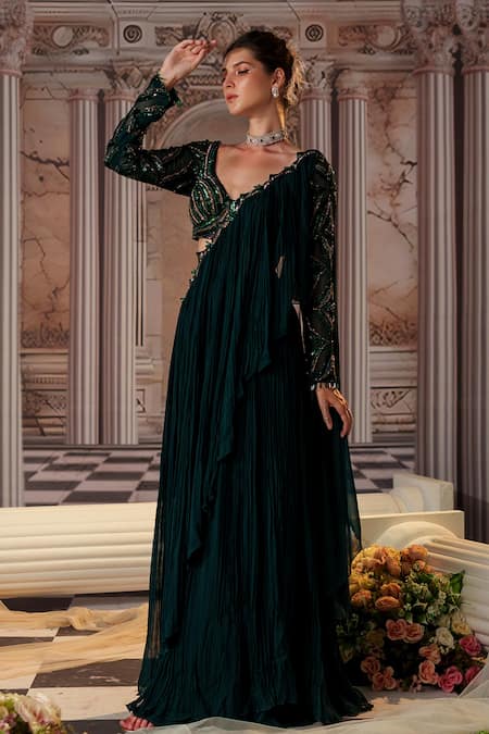 Buy_Nidhika Shekhar_Green Georgette, Linen Elysian Pre-draped Saree With Embroidered Blouse _Online_at_Aza_Fashions