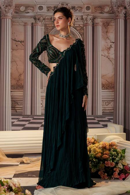 Shop_Nidhika Shekhar_Green Georgette, Linen Elysian Pre-draped Saree With Embroidered Blouse _Online_at_Aza_Fashions