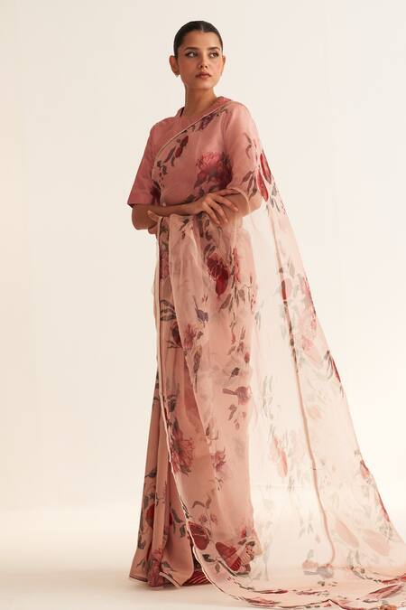 Dot_Pink Organza, Cotton, Silk Saira Anar Pattern Saree _Online_at_Aza_Fashions