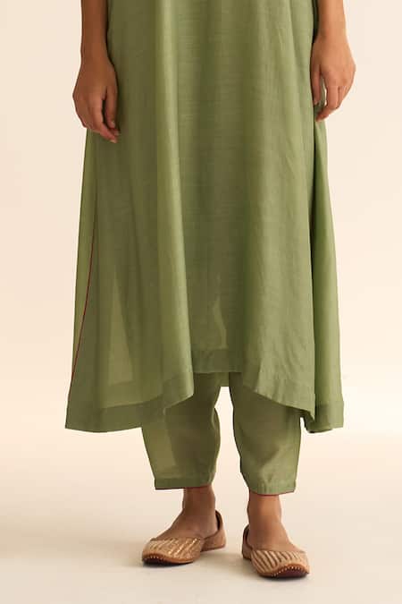 Buy_Dot_Green Cotton, Silk Zari, Embroidery Kiana Asymmetric Kurta Set With Dupatta _Online_at_Aza_Fashions