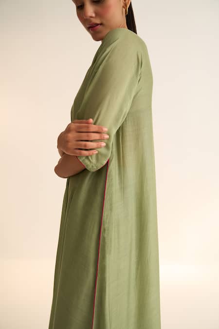 Dot_Green Cotton, Silk Zari, Embroidery Kiana Asymmetric Kurta Set With Dupatta _at_Aza_Fashions