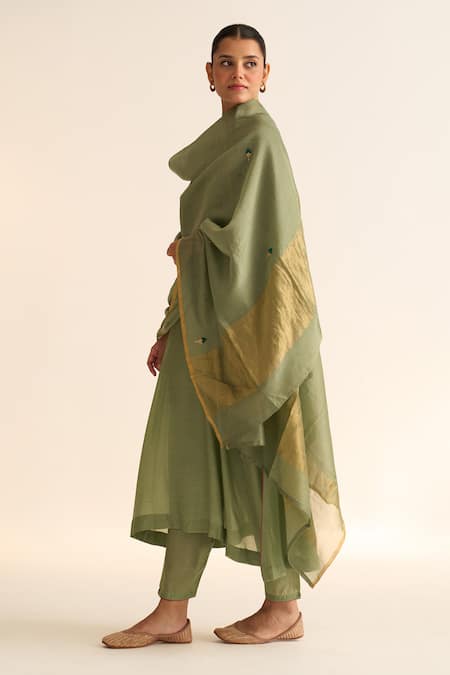 Buy_Dot_Green Cotton, Silk Zari, Embroidery Kiana Asymmetric Kurta Set With Dupatta 